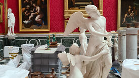 Der Raffaelsaal als „temporäres Kunstdepot“ während der Sanierung des Orangerieschlosses © SPSG / Nicole Romberg Restaurierung live