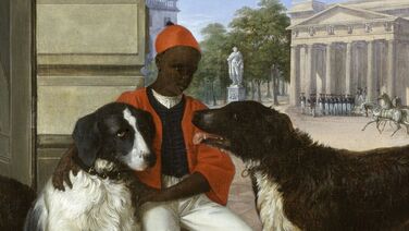 Carl (Friedrich) Schulz/Constantin Schrödter?: Schwarzer Bediensteter mit den Hunden des Prinz Carl von Preußen am Prinzessinnenpalais, 1823, Öl auf Leinwand, 47 x 54 cm. Bez. r.u.: CS 1823, GK I 30390. © SPSG / Hans Bach, 2007 Schwarzer Bediensteter mit den Hunden des Prinz Carl von Preußen am Prinzessinnenpalais