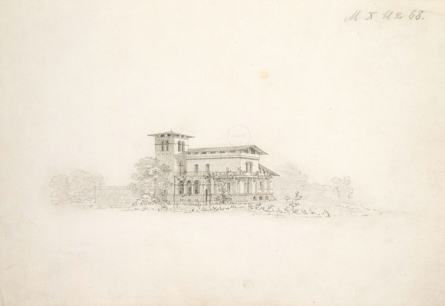 Ludwig Persius (?): Potsdam, Park Sanssouci, Römische Bäder, Ansicht des Gärtnerhauses von Nordwesten, um 1830, SPSG, GK II (1) 3915