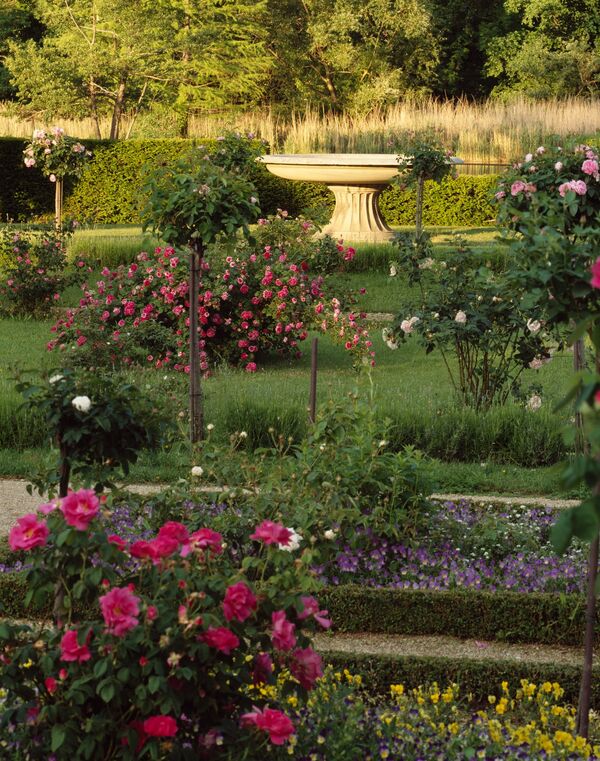 Park Sanssouci, Schloss Charlottenhof, Rosengarten mit Brunnenschale