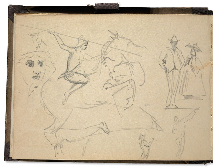 John Singer Sargent, August Kiss‘ Amazone zu Pferd und Figurenstudien, 1872, Graphit auf Papier, 11,3 x 15,6 cm.