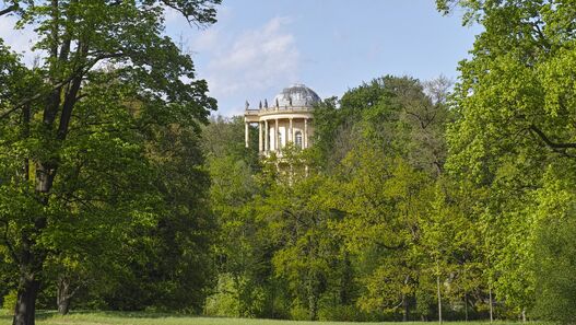 Blick durch den grünen Park auf das Belvedere auf dem Klausberg im Park Sanssouci