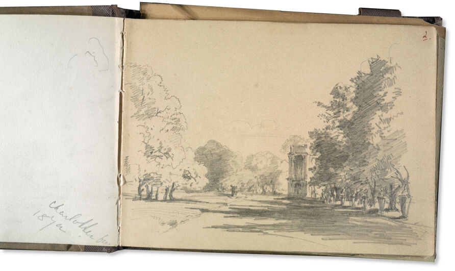 John Singer Sargent, Die Gartenseite des Charlottenburger Schlosses von Westen, 1872, Graphit auf Papier, 11,3 x 15,6 cm.