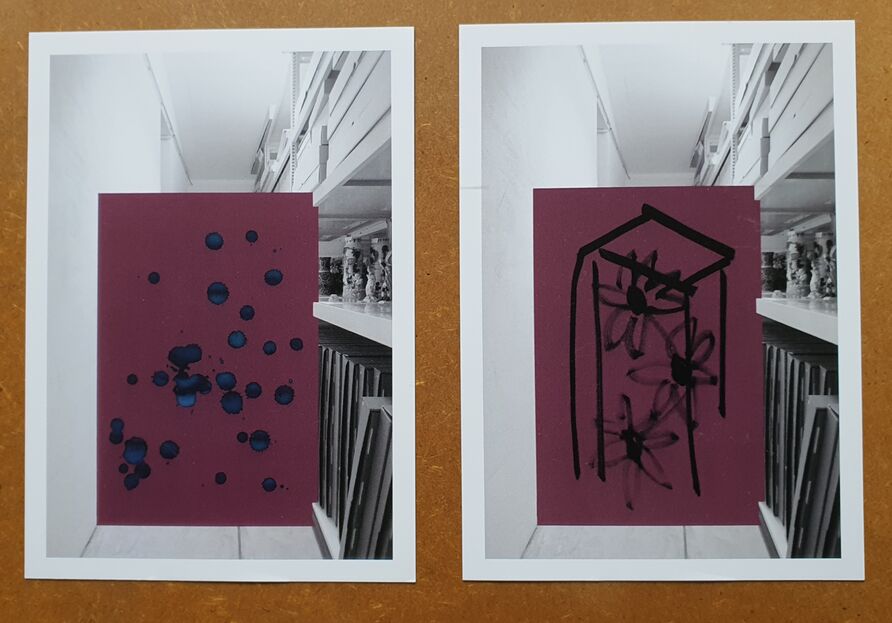 Postkarten mit den Motiven „Wessen Tränen?“ und „Wessen Tränen? (Sonnenblumenhaus)“ von Lizza May David