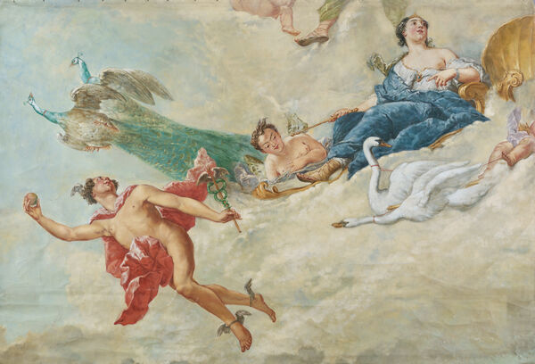 Karl Manninger, sample pieces for the ceiling painting in the White Hall, New Wing, Charlottenburg Palace, one of four, Hera and Hermes with sections of cloud, 1970