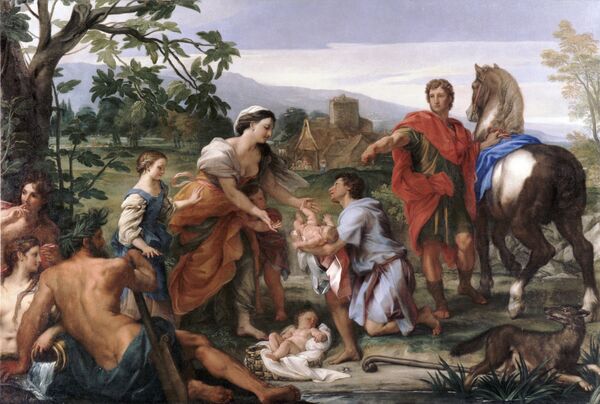 Abbildung des Gemäldes "Die Auffindung des Romulus und Remus" von Carlo Maratti 