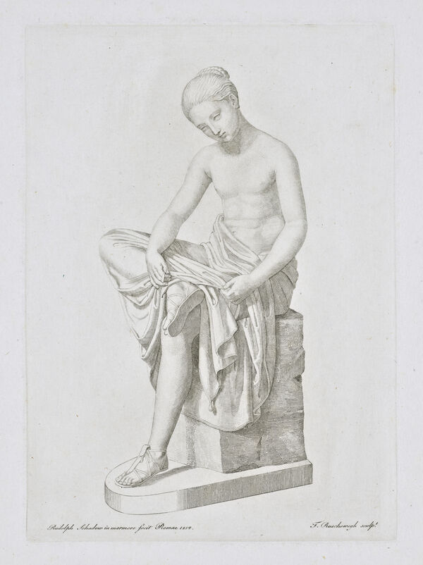 (16) Ferdinand Ruscheweyh: Girl Tying her Sandal, after Ridolfo Schadow, copper engraving, ca. 1814
