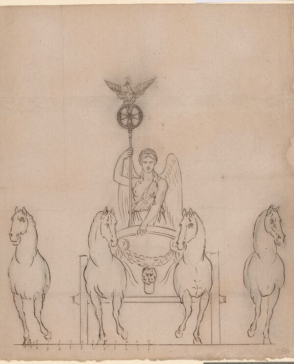 Karl Friedrich Schinkel, The Quadriga, design for the Iron Cross and a Prussian eagle in flight, 1814, brown pen-and-ink over a preliminary drawing rendered in graphite pencil