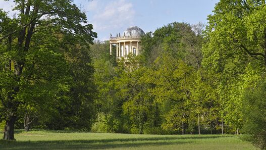 Blick durch grüne Bäume auf das Belvedere auf dem Klausberg im Park Sanssouci