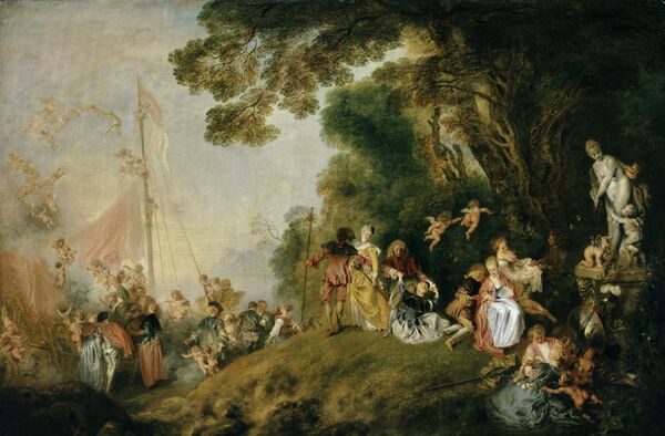 Gemälde „Die Einschiffung nach Cythera (L' Embarquement pour Cythère)“ von Antoine Watteau, 1718/19