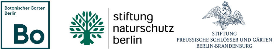 Logos: Botanischer Garten Berlin (BO), Stiftung Naturschutz Berlin (SNB), Stiftung Preußische Schlösser und Gärten Berlin-Brandenburg (SPSG)