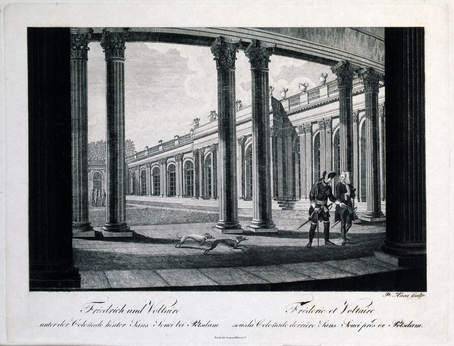 Peter Haas (Stecher): Friedrich II. von Preussen und Voltaire unter den Kolonnaden des Schlosses Sannsouci, um 1810
