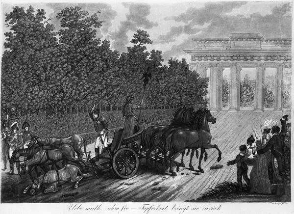Allegorie auf die Rückführung der Quadriga des Brandenburger Tores nach Daniel Berger, 1814, Kupferstich