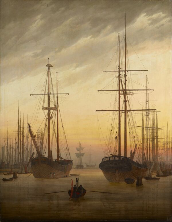 Das Gemälde „Hafen“ von Caspar David Friedrich, darauf zu sehen viele große Segelschiffe die in den Hafen laufen