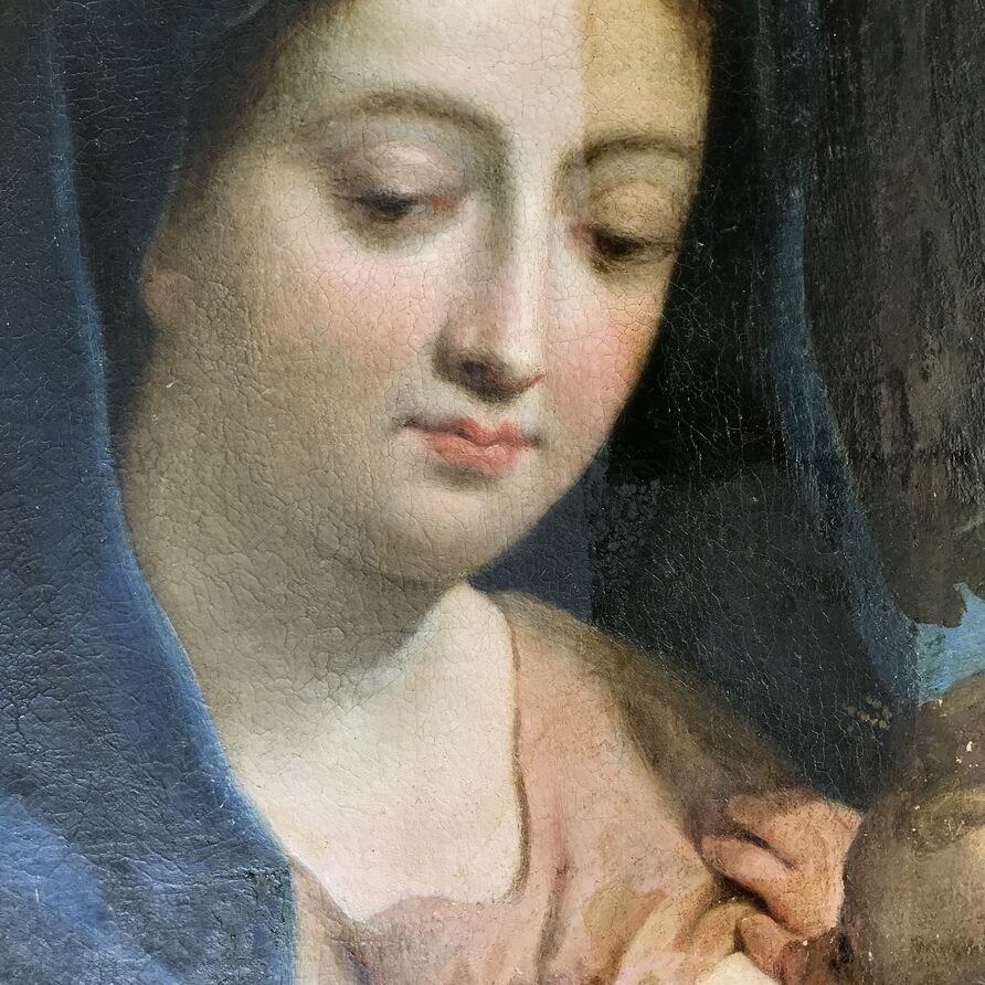 „Madonna mit dem Johannisknaben“, Detail während der Firnisabnahme