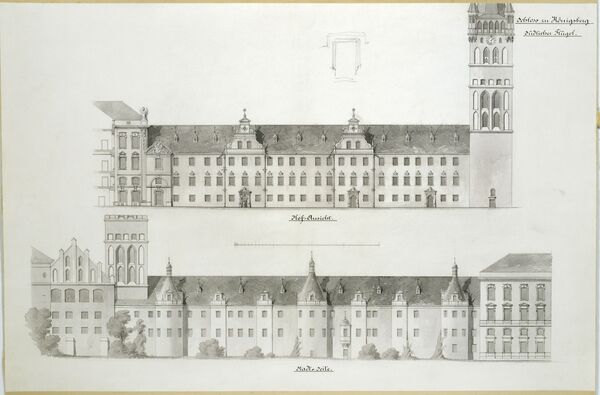 Südlicher Flügel von Schloss zu Königsberg von Reinhold Persius, 1883, Bleistift, Feder in Schwarz, grau laviert