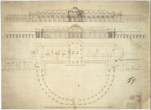 Schloss Sanssouci, Grundriss und Aufrisse der Süd- und Nordseite, aus dem Knobelsdorff-Baubüro, um 1744/45