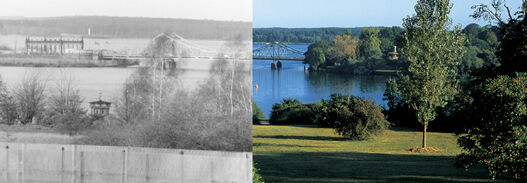Park Babelsberg, Bowlinggreen 1989 / 2003 © SPSG / Peter Rohn, Wolfgang Pfauder Park Babelsberg, Bowlinggreen 1989 mit Grenzanlagen und Wachturm / 2003 mit wiederherstgestellter Parkanlage