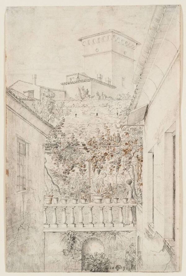 (2) Ferdinand Olivier: Römischer Hof (Blick von der Casa Buti auf die Villa Malta), 1819, Feder in Braun und Schwarz über Bleistift, 265 x 170 mm