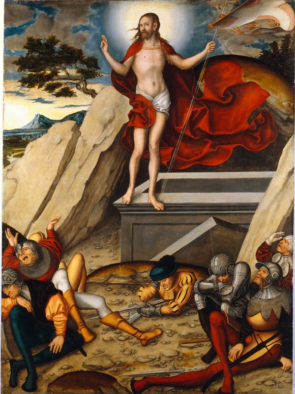 Gemälde „Auferstehung Christi“ von Lucas Cranach , zu sehen ist Christus auf dem leeren Grab stehend