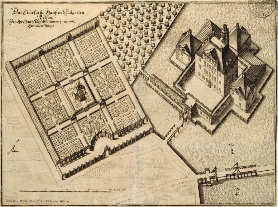 Caspar Merian nach Johann Gregor Memhardt: Oranienburg, Schloss und Lustgarten aus der Vogelschau, 1652