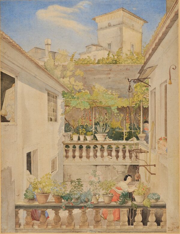 (3) Johann Anton Ramboux: Hof der Casa Buti in Rom, 1820, Aquarell und Bleistift auf Papier, 53,7 x 41 cm