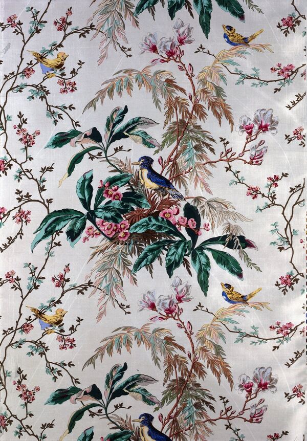 Wandbespannung mit Vogelmotiven im Südkabinett des Chinesischen Hauses im Park Sanssouci 