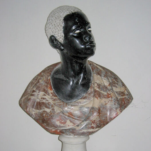 Unbekannter Bildhauer: Bildnis eines Afrikaners, 17. oder 1. Hälfte 18. Jh., farbiger Naturstein, Skulpt.slg. 211