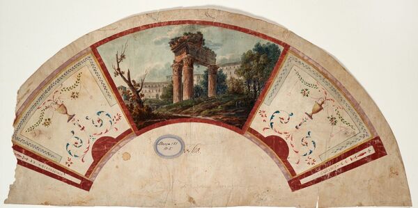 Fächerblatt mit Ansicht des Jupiter-Tonans-Tempels auf dem Forum Romanum, Aquarell und Deckfarben auf Ziegenhaut, nach 1788