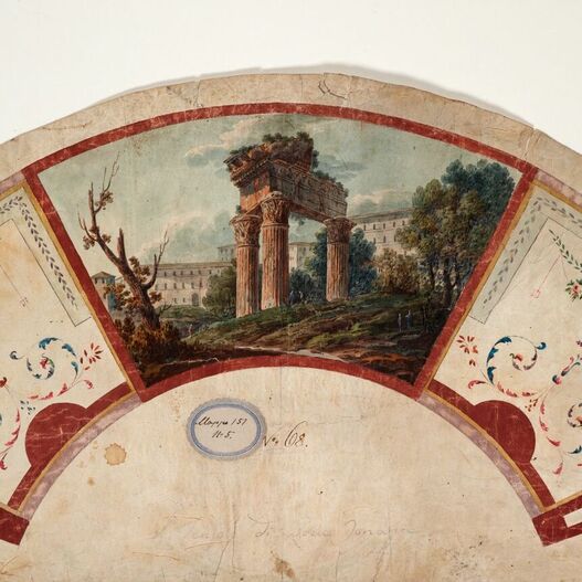 Fächerblatt mit Ansicht des Jupiter-Tonans-Tempels auf dem Forum Romanum, Aquarell und Deckfarben auf Ziegenhaut, nach 1788