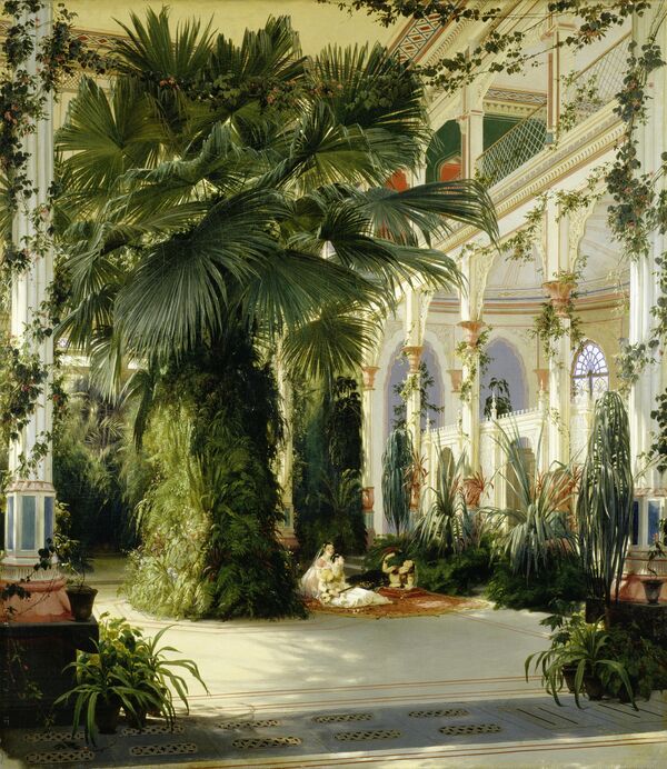 Karl Blechen: Inneres des Palmenhauses auf der Pfaueninsel, Öl auf Leinwand, 1832-1834, GK I 4054 © SPSG / Wolfgang Pfauder Gemälde „Inneres des Palmenhauses auf der Pfaueninsel“ von Karl Blechen, 1832-34