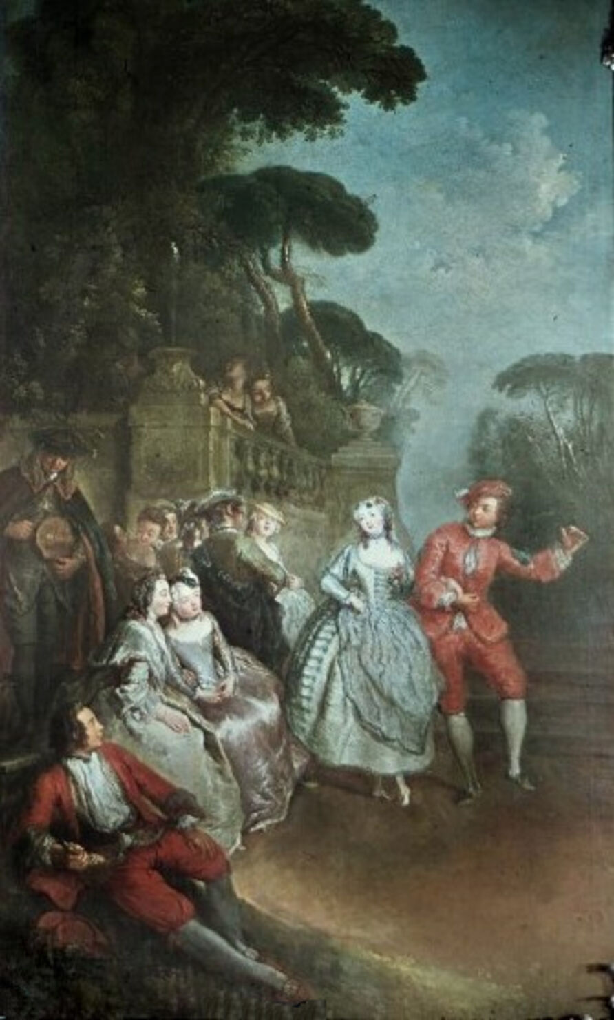 Antoine Pesne: Tanzendes Paar mit Zuschauern im Park, 1745. Öl auf Leinwand, 260 x 130 cm. SPSG, GK I 4190 (Kriegsverlust)
