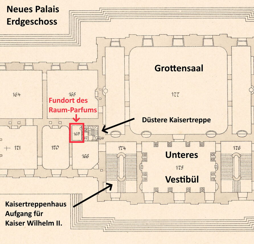 Neues Palais, Grundriss des Erdgeschosses (Ausschnitt), mit Einzeichnung des Fundortes des Raum-Parfums; Hofbaurat Wittig, 1910