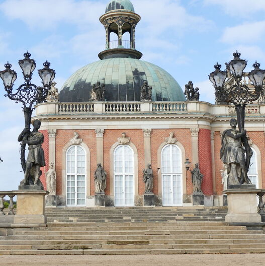 New Palace (facing the garden), Sanssouci Park, Potsdam, Staircase with balustrade, embellished with sculptures that include Black men carrying candelabras