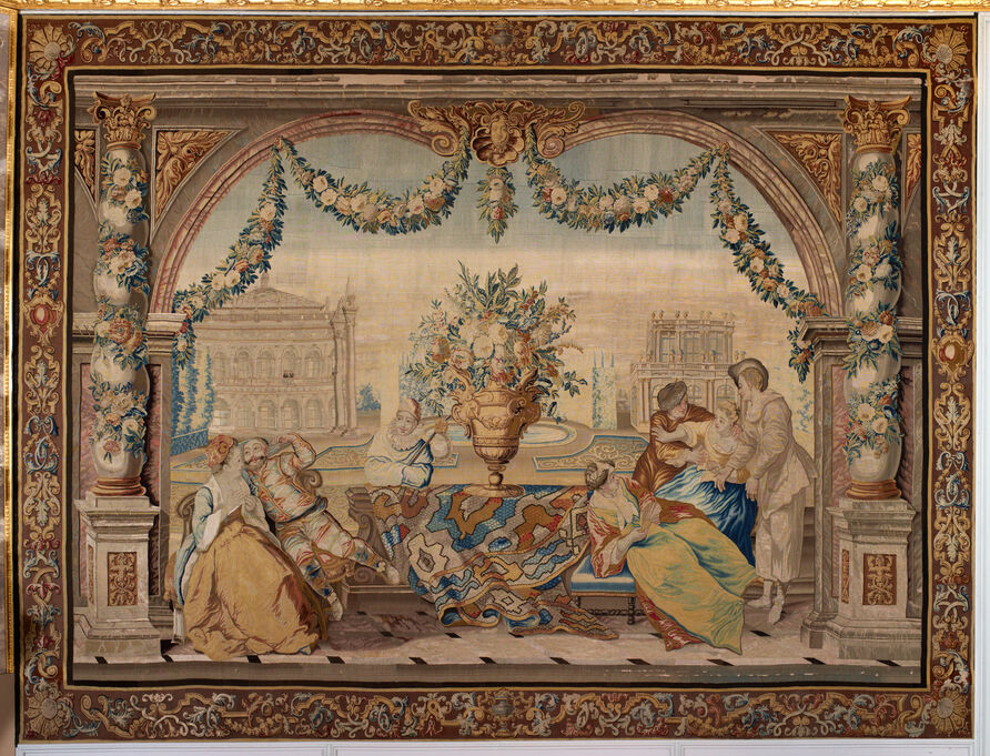 Galante Szene aus der Tapisserie-Serie „Italienische Komödie“, Manufaktur Charles Vigne, Berlin, um 1740. Schloss Charlottenburg, Zweite Hautelisse-Kammer