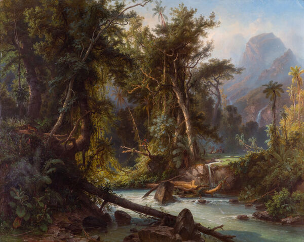 Ferdinand Bellermann: Südamerikanische Urwaldlandschaft mit Einwohnern am Lagerfeuer, 1863, SPSG, GK I 802