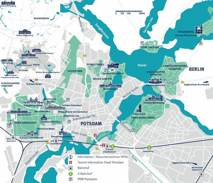 Übersichtskarte aller Schlösser in Potsdam, in einem Ausschnitt die Schlösser in Berlin und die Märkischen Schlösser 