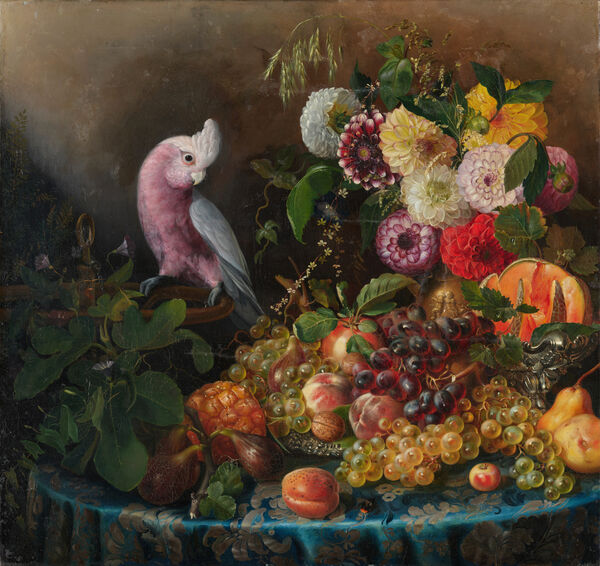 C. A. W. Hoppe, Carl Graeb, Stillleben mit Früchten und Blumen und Papagei „Lorchen“, GK I 3558