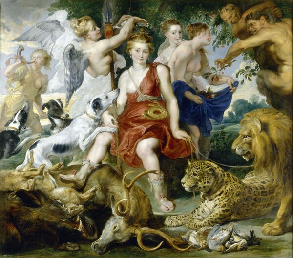 Gemälde „Die Krönung der Diana“ aus der Werkstatt von Peter Paul Rubens / Frans Snyders (?), vor 1620