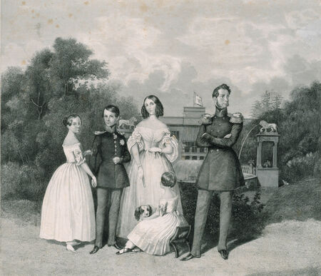 Nach Theodor Hosemann: Prinz Carl von Preussen mit Familie vor dem Schloss Glienicke, um 1842