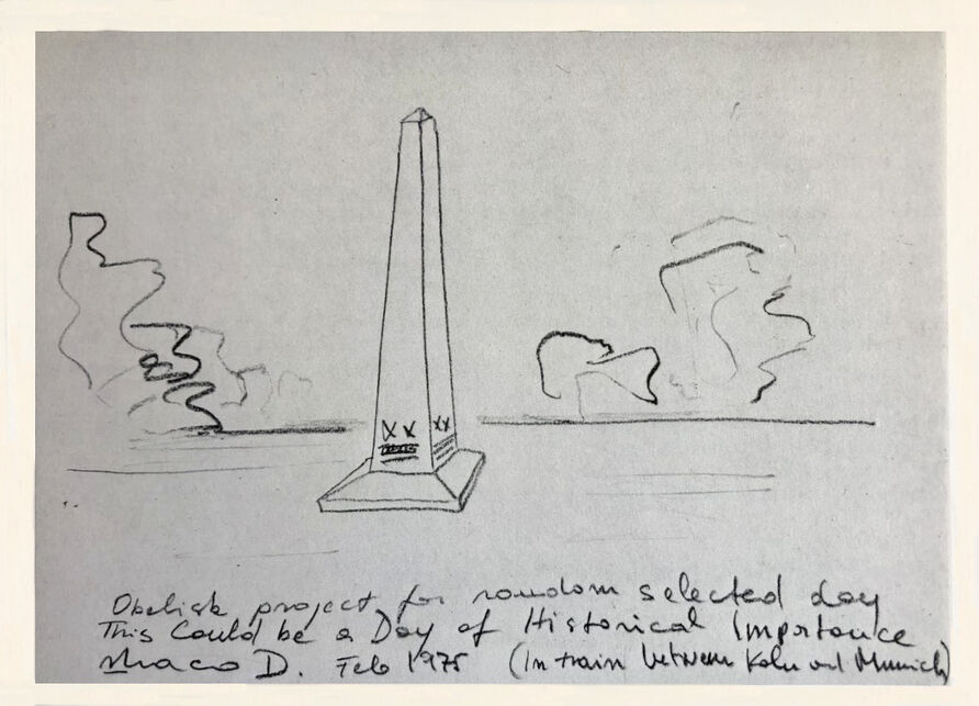 Skizze, aus: Braco Dimitrijevic (1979): Ein Obelisk jenseits von Geschichte.  11. März. Dies könnte ein Tag von historischer Bedeutung sein. Berliner Künstlerprogramm des DAAD und die Autoren. Auflage: 600.