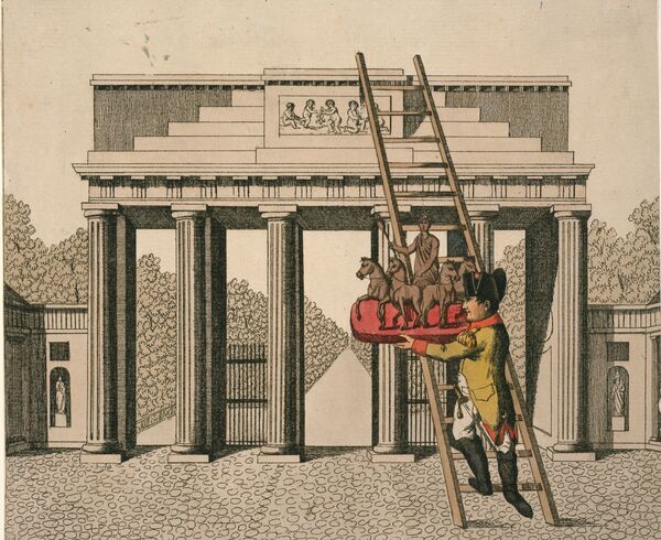 „Der Pferdedieb von Berlin“, Karikatur auf den Raub der Quadriga des Brandenburger Tores durch Napoleon I., um 1806, Radierung