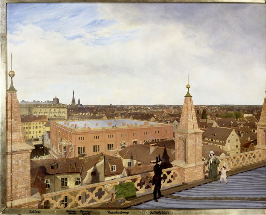 Eduard Gaertner: Panorama von Berlin II, Detail, Blick auf die Bauakademie und Selbstbildnis (Blick nach Süden), 1834