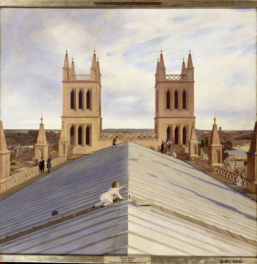 Eduard Gaertner: Panorama von Berlin II, Detail, Blick über das Dach der Friedrichwerderschen Kirche (Blick nach Süden), 1834