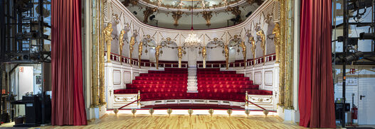 Schlosstheater im Neuen Palais, Blick von der Bühne in den Zuschauerraum, an den Seiten Teile der Bühnentechnik