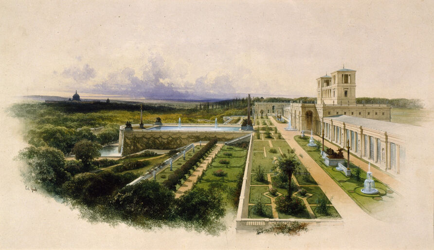 Carl Graeb: Ansicht der Orangerie im Park Sanssouci mit Terrassenanlage von Osten, um 1855