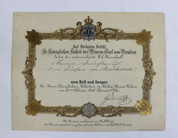 Einladungskarte von Prinz Carl an Fürst Bentheim zum Ball und Souper ins Prinz-Carl-Palais, 21. Febr. 1870, Lithografie mit handschriftlicher Namensnennung, Sammlung B. Schmidt