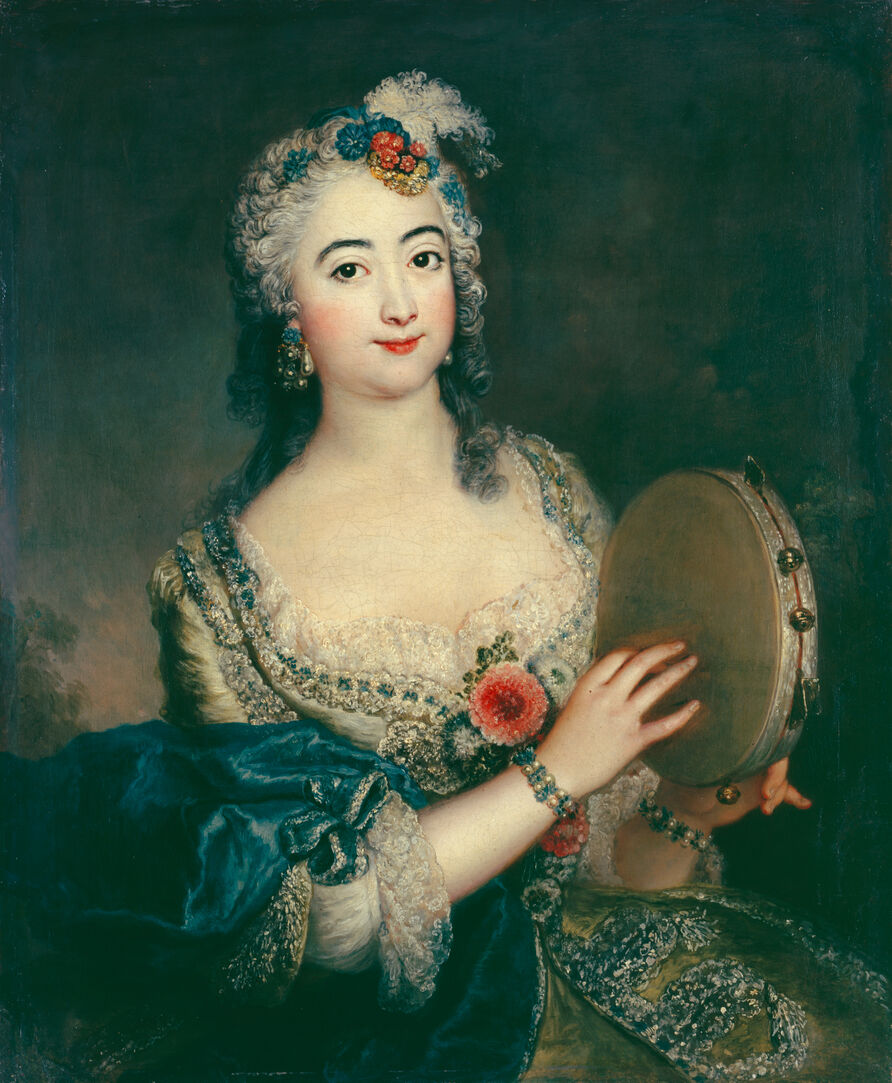Antoine Pesne: Barbara Campanini mit Tamburin, um 1745. Öl auf Leinwand, 80,5 x 67 cm 
